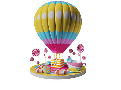 Colorful Hot Air Balloon Inflatable With Lollipops Cake And Teacup Decorations 3d model