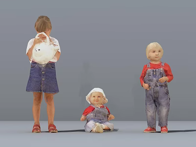 Three Kids Standing Girl Sitting Baby and Boy in Casual Denim Outfits 3d model