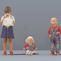 Three Kids Standing Girl Sitting Baby and Boy in Casual Denim Outfits