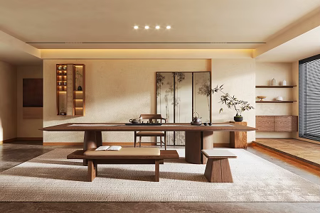 Modern Middle Ancient Style Tea Room Tea Table Chair Stool Tea Set Decoration Tea Room Wall Cabinet Screen 3d model