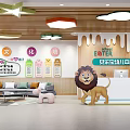Cheerful Kindergarten Interior With Cartoon Lion Cloud Decorations And Sofa Seating 3d model