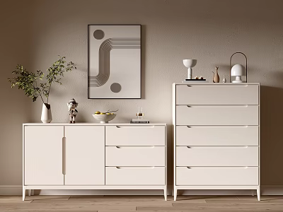 Modern Minimalist White Console Cabinet And Sideboard With Green Plant Wall Art And Decorations 3d model