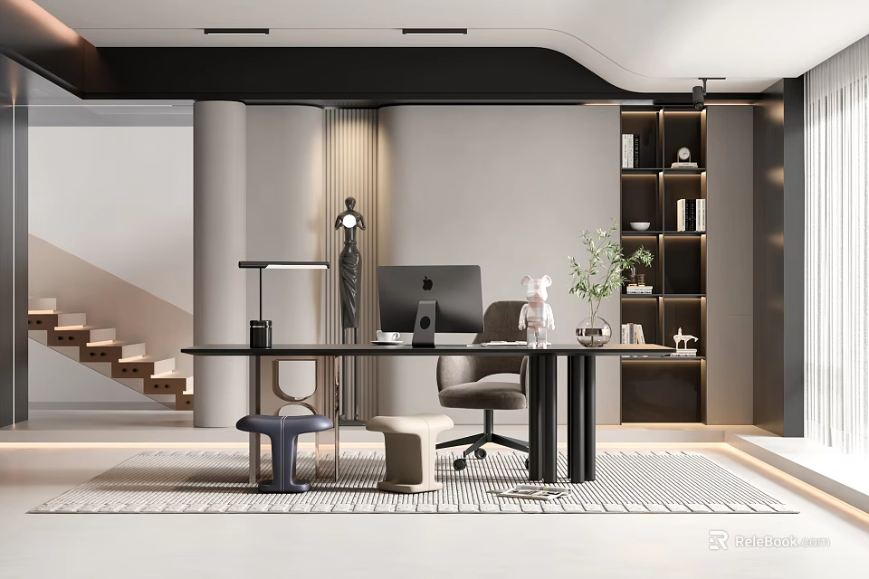 Modern Home Office Interior With Desk Computer Chair Bookshelf And Potted Plant 3d model 