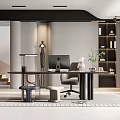 Modern Home Office Interior With Desk Computer Chair Bookshelf And Potted Plant
