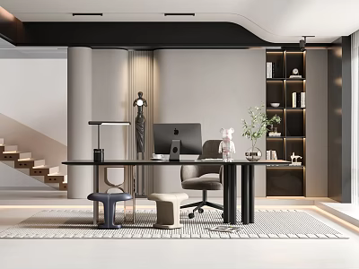 Modern Home Office Interior With Desk Computer Chair Bookshelf And Potted Plant 3d model
