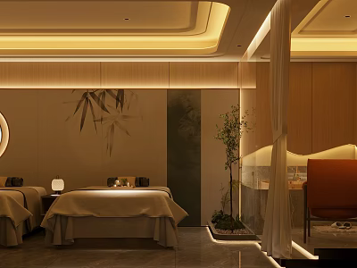 Modern Elegant SPA Sauna Room With Massage Beds Warm Lighting Wooden Decor Plants Orange Chair 3d model