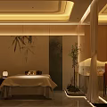 Modern Elegant SPA Sauna Room With Massage Beds Warm Lighting Wooden Decor Plants Orange Chair