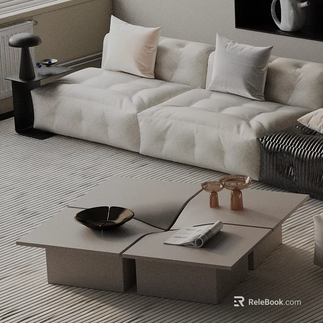 Modern Sofa and Coffee Table Set With Beige Fabric Upholstery and Decorative Pillows 3d model 