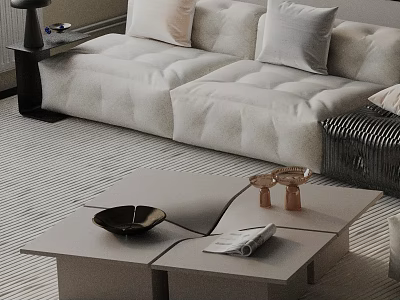 Modern Sofa and Coffee Table Set With Beige Fabric Upholstery and Decorative Pillows 3d model