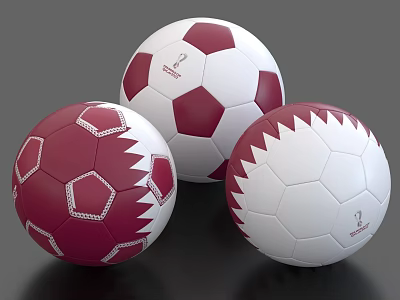 Sports Equipment Featuring Three Red And White Qatar Themed Footballs 3d model
