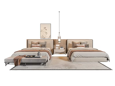 Elegant Modern Bedroom Interior Featuring Stylish Single Beds Nightstand Rug Pendant Light And Decorative Artwork 3d model