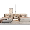 Elegant Modern Bedroom Interior Featuring Stylish Single Beds Nightstand Rug Pendant Light And Decorative Artwork
