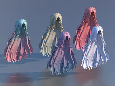 Game and Movie Characters With Colorful Long Hair in Back View Designs 3d model