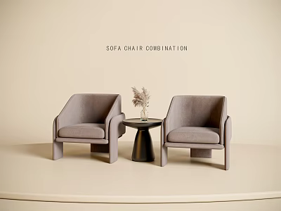 Modern Simple Gray Casual Sofa Chair Combination with Round Side Table and Dried Flower 3d model