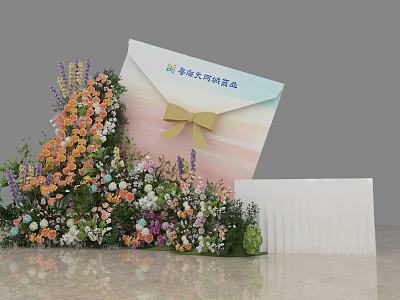 Envelope Shaped Art Installation With Colorful Floral Decorations And Yellow Bow 3d model