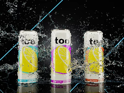 Three Colorful Too Drink Cans With Lemon Design Splashing Water And Blue Light 3d model
