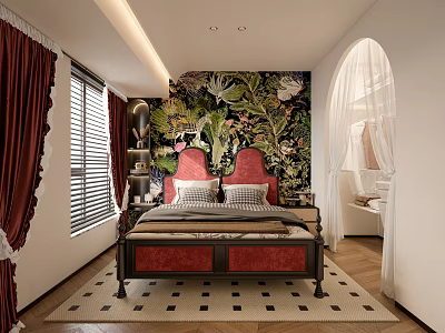 Elegant Bedroom Interior Design With Red Headboard Tropical Floral Mural And Red Curtains 3d model