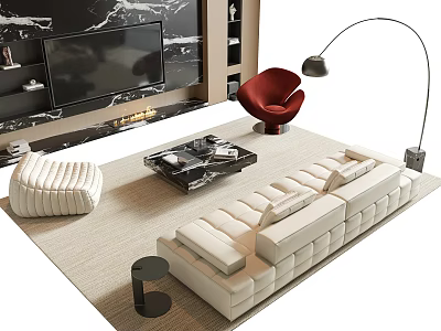 Modern White Sofa and Coffee Table Set with Marble Top Red Chair and Floor Lamp 3d model