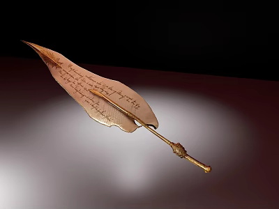 Elegant Vintage Quill Pen With Written Text On Feather And Golden Handle 3d model