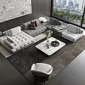 Modern Sofa Coffee Table Set With Throw Pillows Green Plant Wall Art And City View