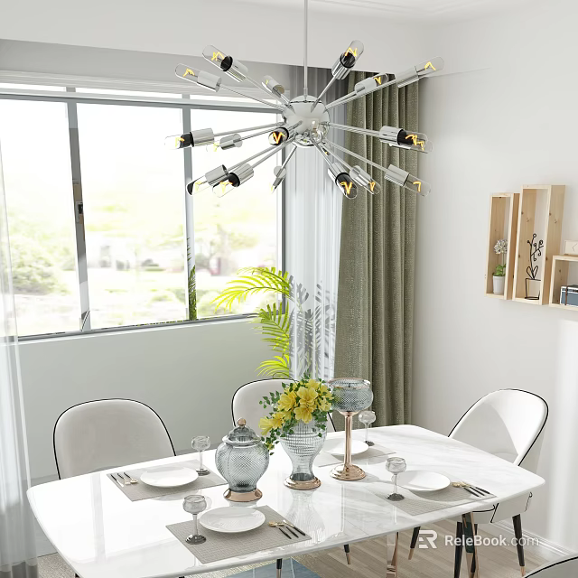 Modern Restaurant Interior With White Dining Table Chairs Yellow Flowers Large Windows And Chandelier 3d model 