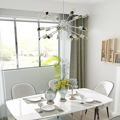 Modern Restaurant Interior With White Dining Table Chairs Yellow Flowers Large Windows And Chandelier 3d model