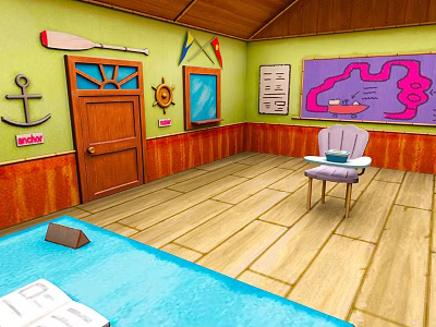 Cartoon Nautical Room Scene With Green Walls Wooden Floor Purple Chair And Wall Map 3d model