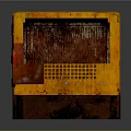 Rugged Industrial Computer Unit With Orange Casing Grille Black Panel And Warning Label On Rusty Pallet