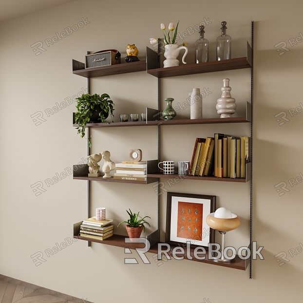 Modern Ornaments Combination Ancient Solid Wood Metal Wall Decoration Rack Book Mug Green Plant Table Lamp model