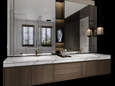 Modern Bathroom Vanity With Marble Countertop Double Sink Large Mirror And Drawers 3d model