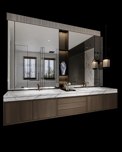 Modern Bathroom Vanity With Marble Countertop Double Sink Large Mirror And Drawers 3d model