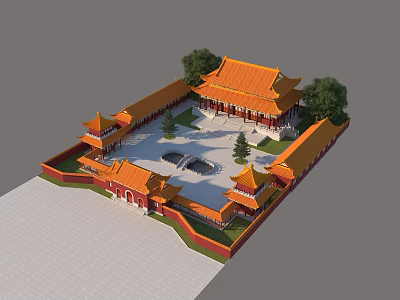 Ancient Chinese Architecture with Orange Roofs Red Walls Symmetrical Courtyard and Trees 3d model