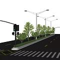 Municipal Road With Traffic Lights Street Lamps Trees Zebra Crossing And Yellow Lane Lines