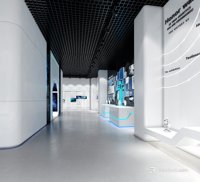 Modern Exhibition Hall Interior With White Walls Black Grid Ceiling Digital Screens Blue Lighting Accents 3d model 