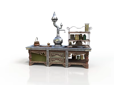 Vintage Kitchen Table With Shelf Bottles Containers And Decorative Lamp 3d model