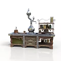 Vintage Kitchen Table With Shelf Bottles Containers And Decorative Lamp