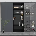 Elegant Modern Wine Cabinet Featuring Glass Doors And Shelves With Wine Bottles And Decor
