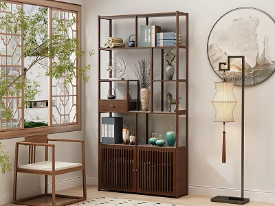 Chinese Display Shelf in Traditional Room Decorated with Books Vases Wooden Chair and Floor Lamp 3d model