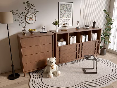 Modern Wooden Entryway Cabinet And Sideboard With Green Plants Decor Rug And Decorative Items Indoor 3d model
