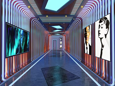 Cinema Hallway With Illuminated Strips Modern Design And Movie Posters 3d model