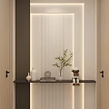 Modern Entryway Hallway With Lighted Ribbed Wall Wooden Doors Decorative Countertop Plants And Decor Items