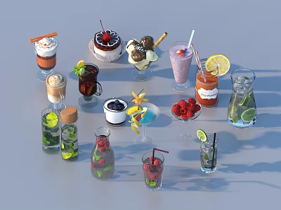 Assorted Refreshing Drinks With Fresh Fruits Cream Toppings Ice Cream And Citrus Slices 3d model