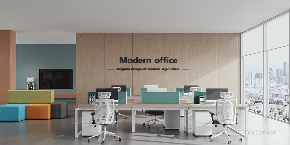 Modern Public Office Area Interior Design With Workstations White Chairs And Wooden Wall 3d model 