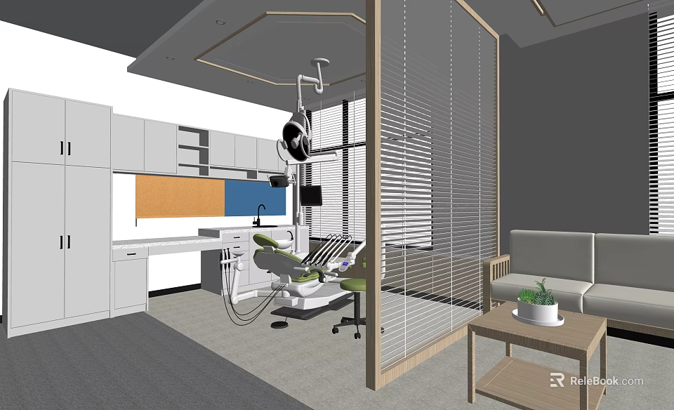 Modern Dental Clinic Interior With Treatment Chair Cabinets Sofa And Plant Table 3d model 