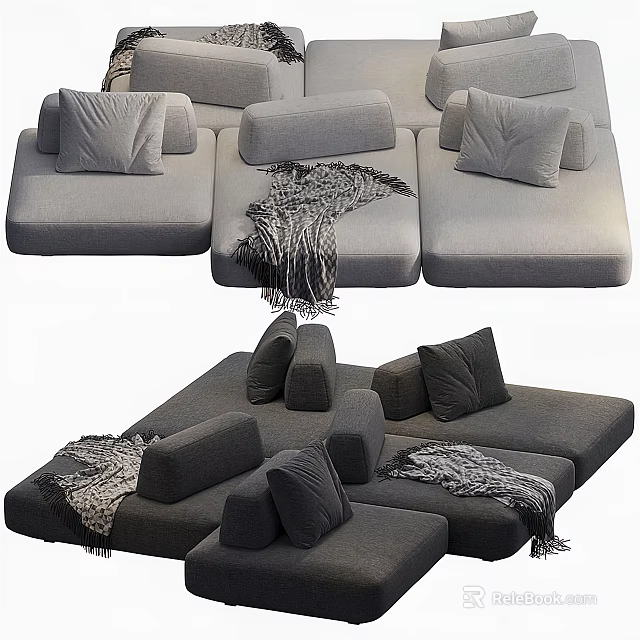 Large Gray Sectional Sofa with Multiple Plush Pillows and Soft Blanket for Cozy Living Room 3d model 