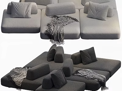 Large Gray Sectional Sofa with Multiple Plush Pillows and Soft Blanket for Cozy Living Room 3d model