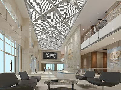 Front Desk Reception In Modern Lobby With Geometric Ceiling Large Windows And Seating 3d model