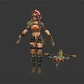 Red-haired Female Warrior in Armor with Skull Patterned Attire and Mechanical Winged Creature 3d model