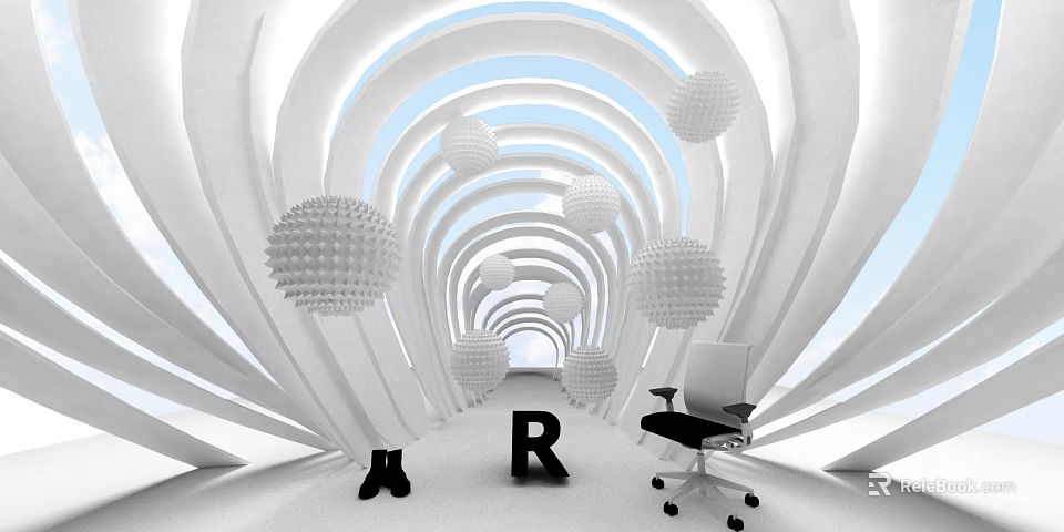 Futuristic White Space With Curved Structures Spherical Decorations Black Letter R Office Chair And Boots 3d model 