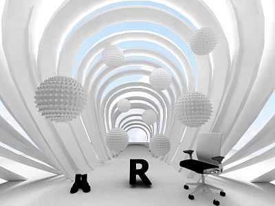 Futuristic White Space With Curved Structures Spherical Decorations Black Letter R Office Chair And Boots 3d model